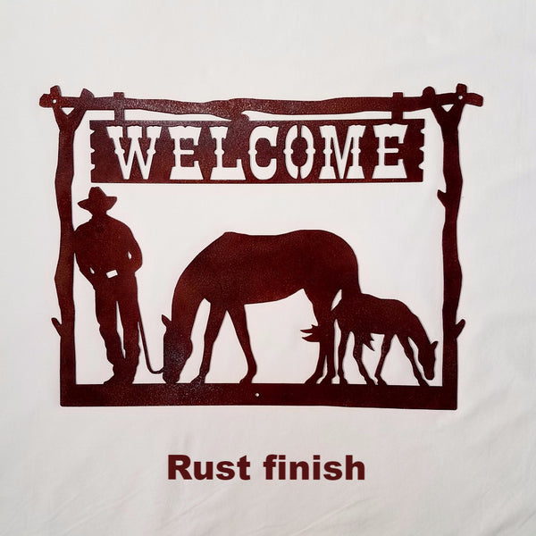 Metal Welcome Sign Cowboy and Horse Wall Art. Metal Art Cowboy Welcome Sign for Home, Ranch