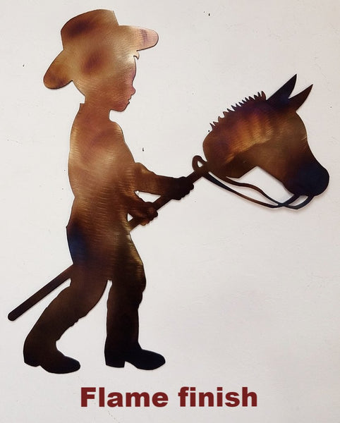 Boy on Stick Pony metal wall art silhouette. Boy with Stick Pony metal wall art