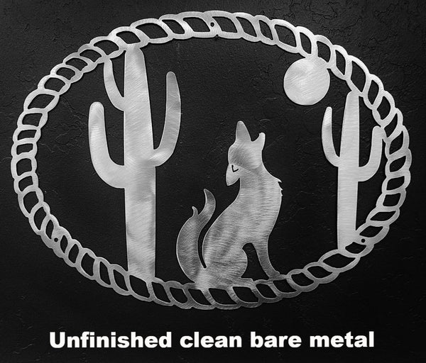 Western Coyote and Cactus metal wall hanging. Coyote and Moon metal wall hanging