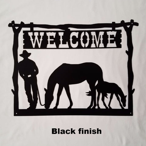 Metal Welcome Sign Mare & Foal Wall Art. Metal Art Cowboy Welcome Sign for Home, Ranch