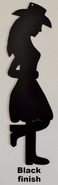 Metal Sleeping Cowgirl wall art. Cowgirl yard art silhouette. Life size metal Cowgirl. horseflymetalart.com