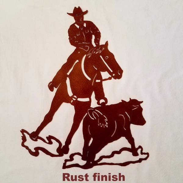 Metal Cutting Horse & Cowboy wall art. Cutting Horse wall Art  horseflymetalart.com