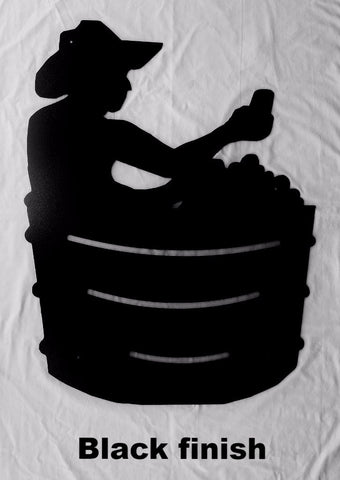 Metal Cowboy in Tub wall art. Cowboy wall art horseflymetalart.com