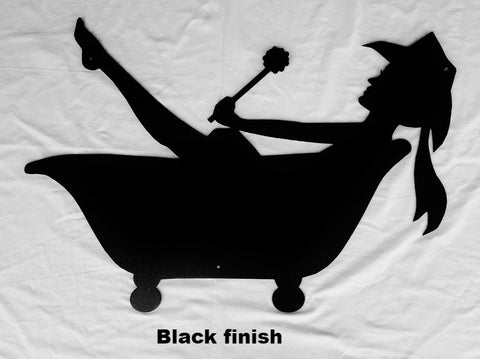 Metal Cowgirl in Tub wall hanging. Cowgirl in tub wall art horseflymetalart.com